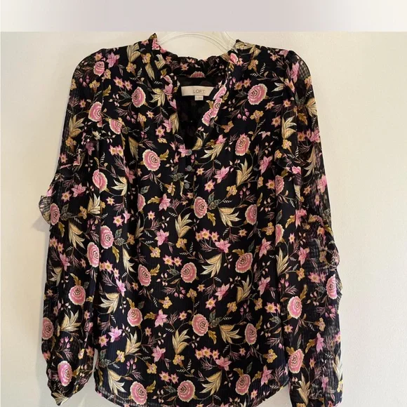 LOFT Floral Ruffle Blouse with Mandarin Collar Small - Picture 3 of 6